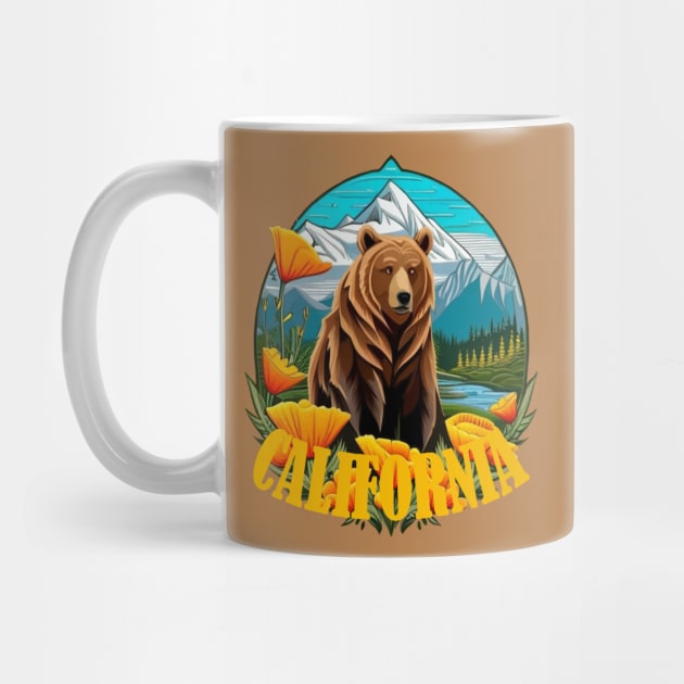 Bear In Mountain Landscape Surrounded By Orange California Poppies 2 by taiche